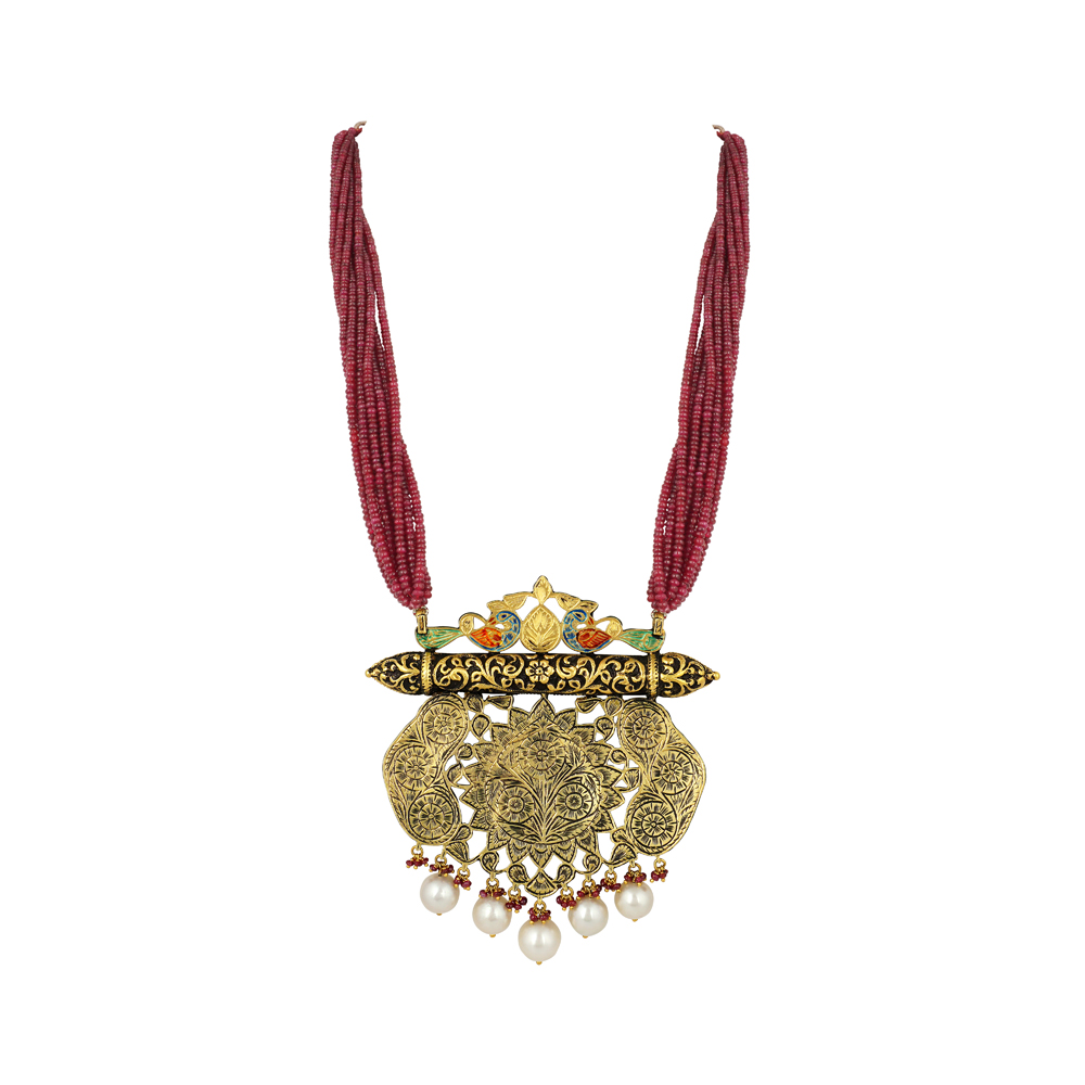 Partash Gold Necklace with Polki, Ruby Beads, and Peacock Motif